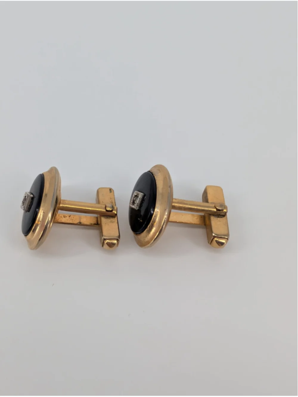 Vintage Anson Pat Pend MCM Gold Tone Black Oval Rhinestone Cufflinks Formalwear